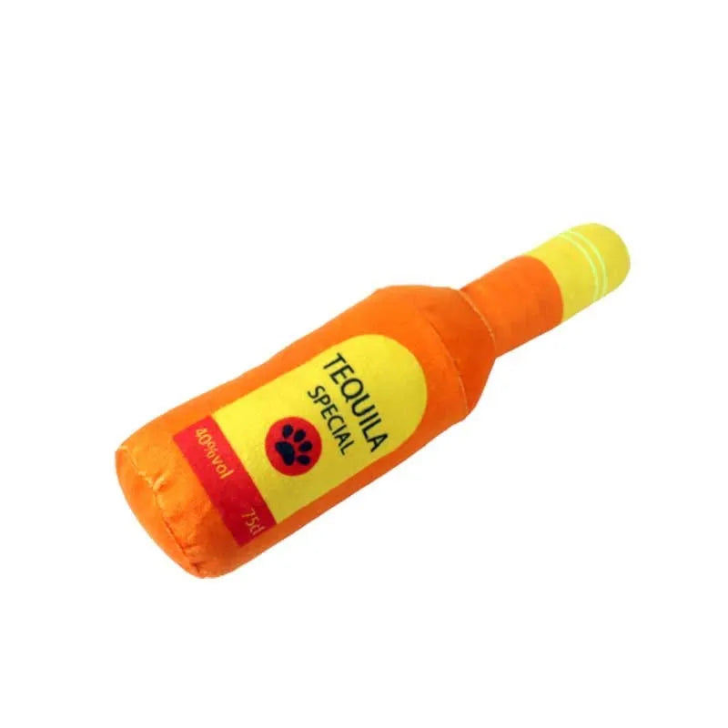 Plush wine bottle shaped dog toy in assorted colours including green, orange, red, black, coffee and white