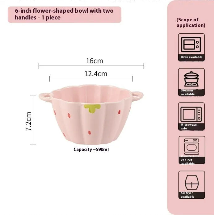 Cute strawberry design porcelain dinnerware set with bowl, plates, and twist spoon
