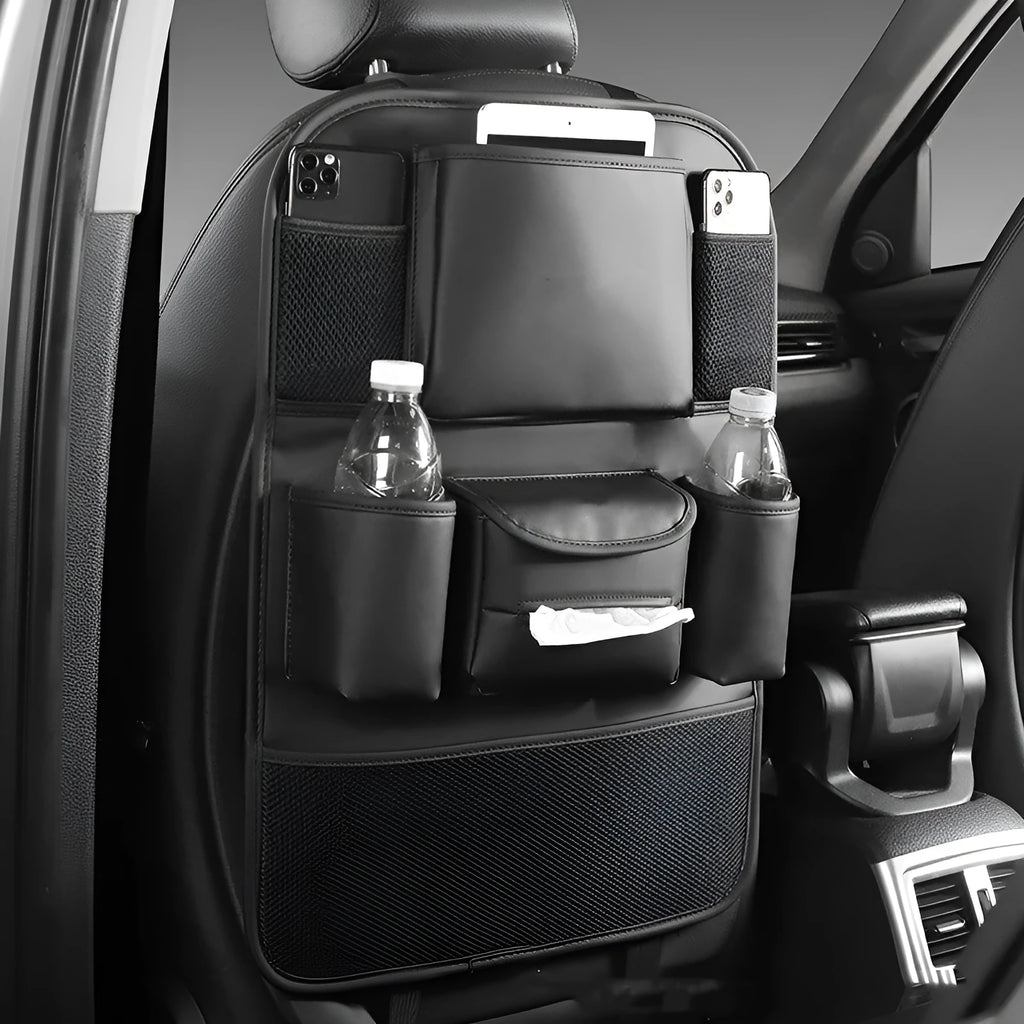 Genuine leather car seat back storage bag in four colour options hanging behind car seat