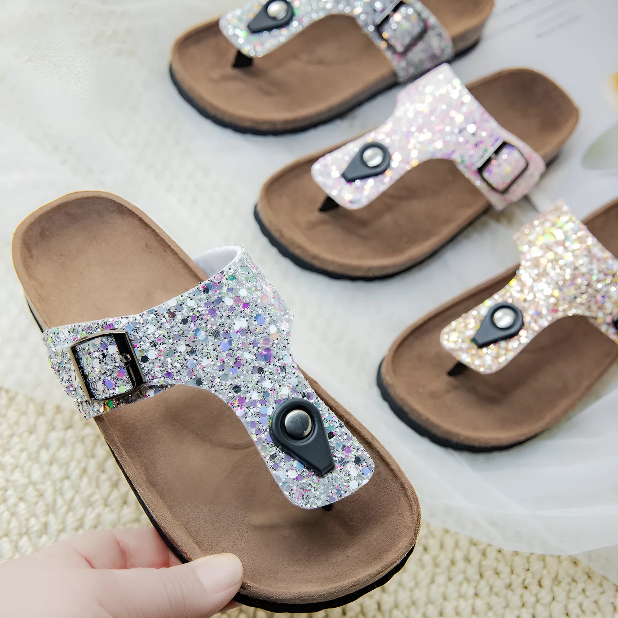 Cork flip-flops with frosted finish in pink silver gold colours and non-slip PVC sole