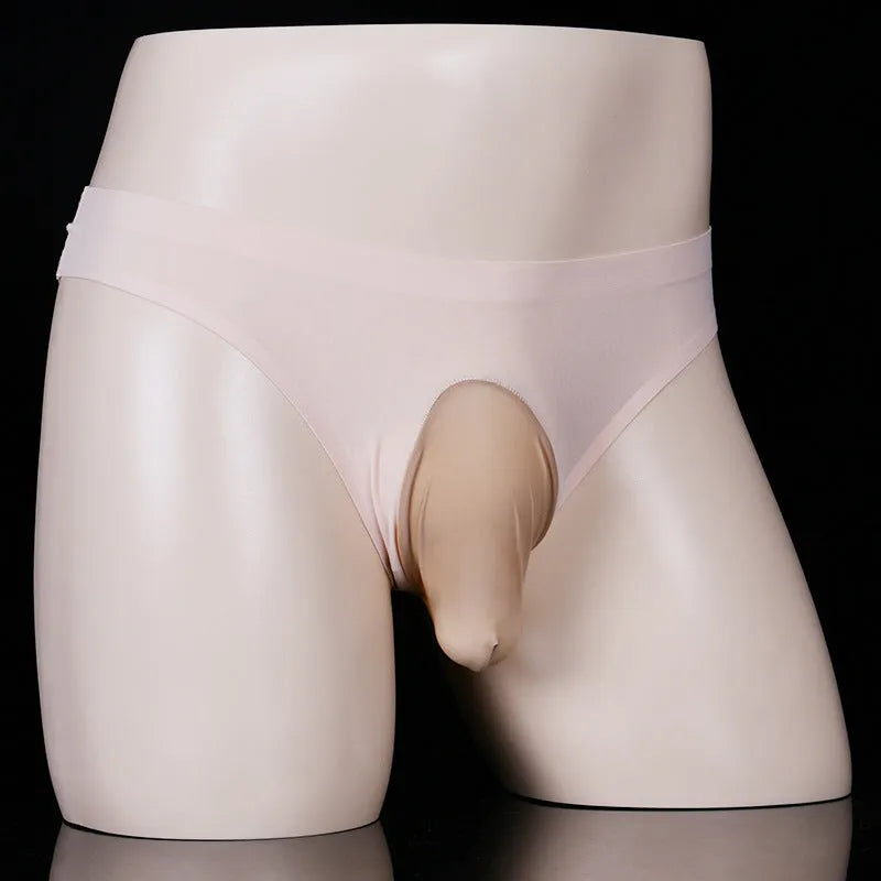 Men's low-waist ice silk underwear briefs in black, showing T-back design and silky texture.
