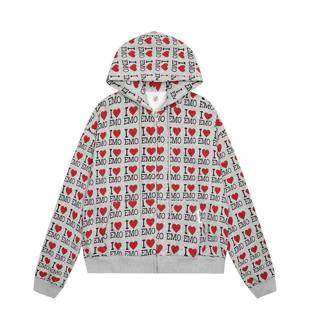 Women's mixed grey cotton cardigan with hood and retro pattern street fashion styling