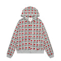 Women's mixed grey cotton cardigan with hood and retro pattern street fashion styling