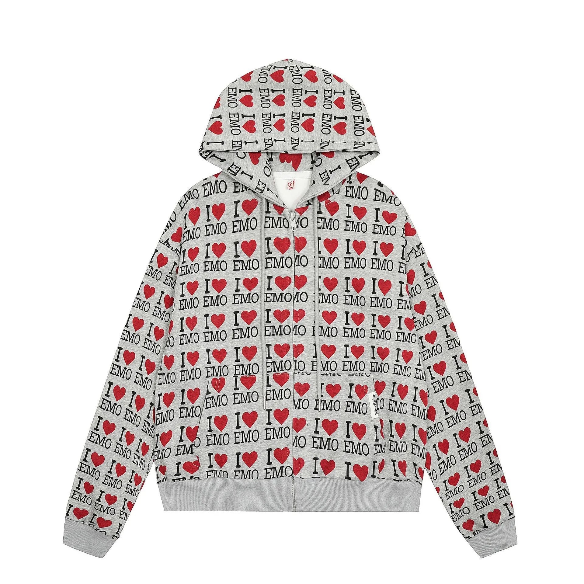 Women's mixed grey cotton cardigan with hood and retro pattern street fashion styling