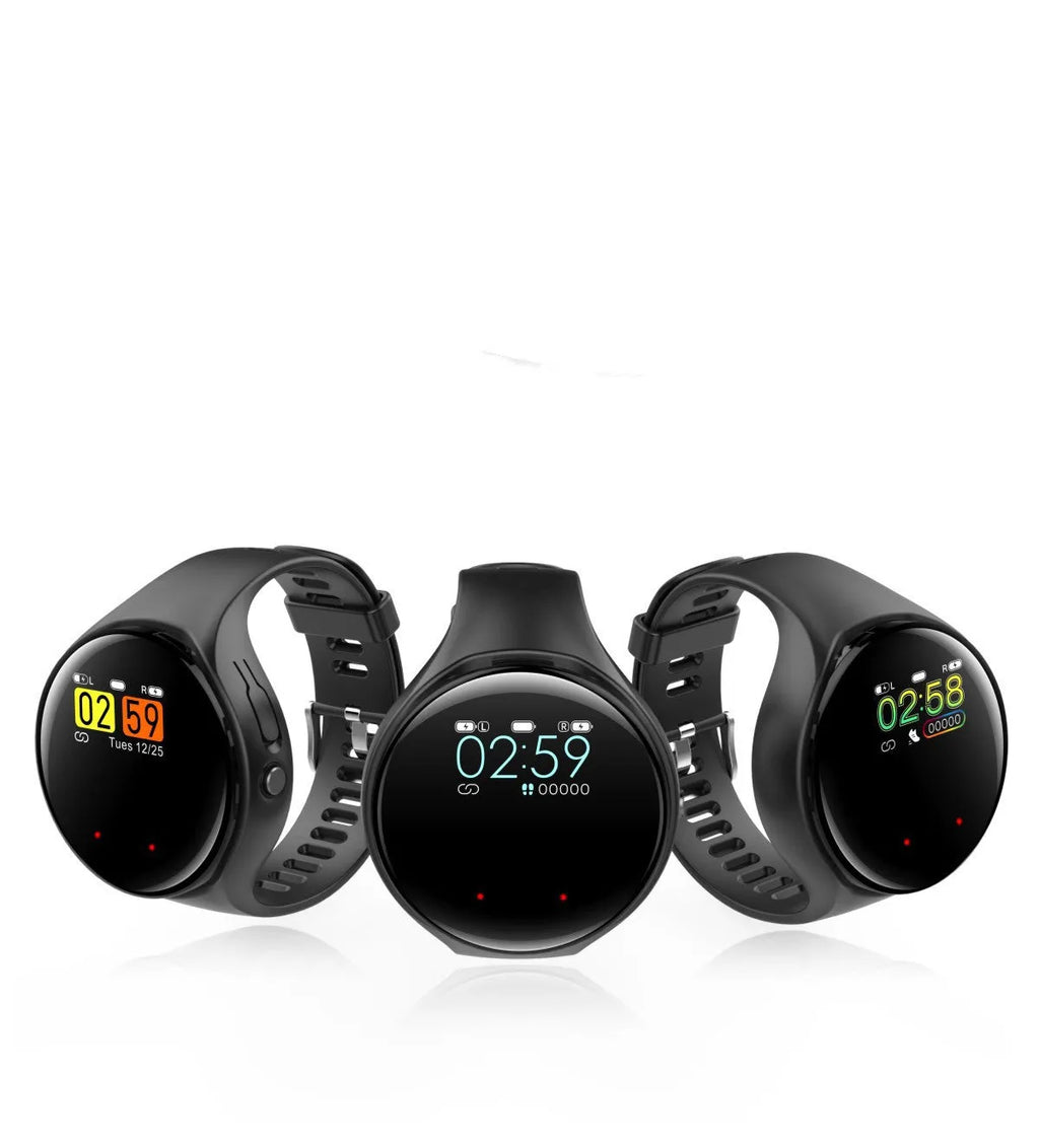 Black detachable smart bracelet and Bluetooth headset combo on a wrist, showing colour screen.