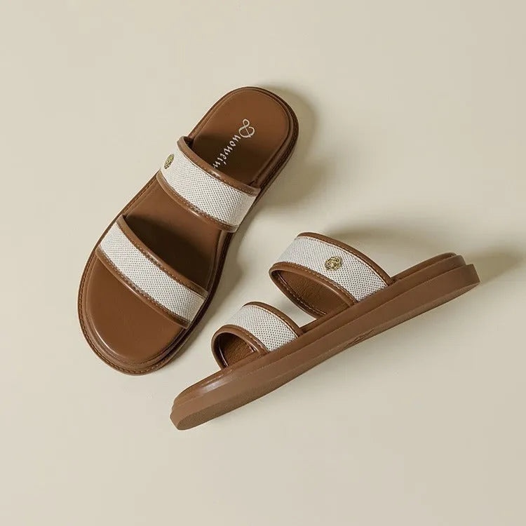Women's brown vintage flip-flops with soft sole and artificial PU upper material