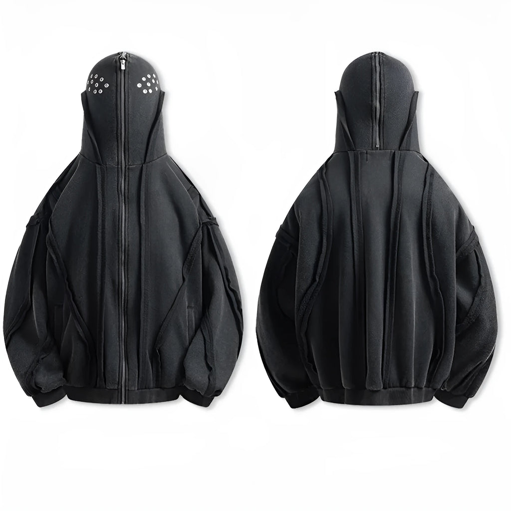 Black loose zip hooded coat with abstract pattern and padding