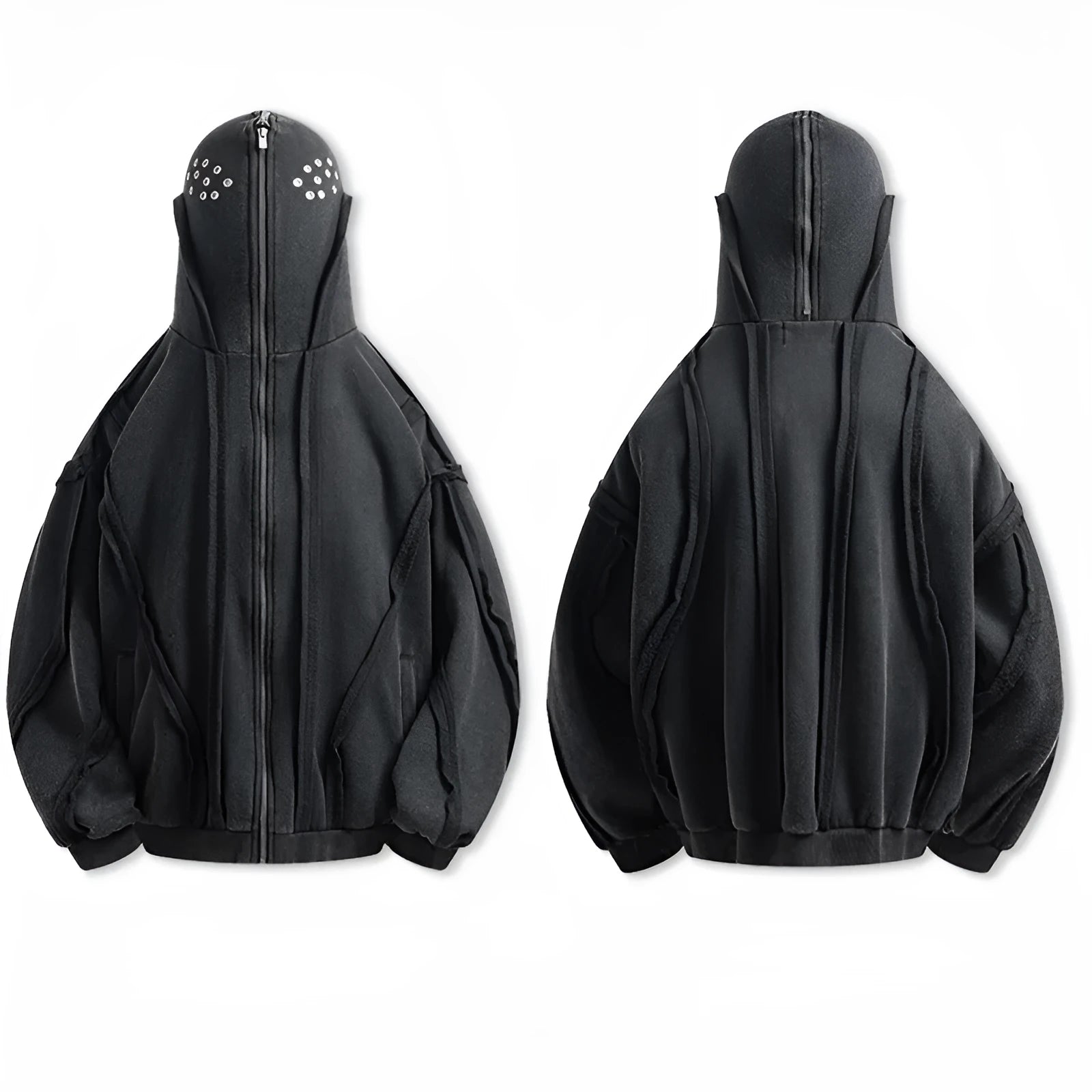 Black loose zip hooded coat with abstract pattern and padding