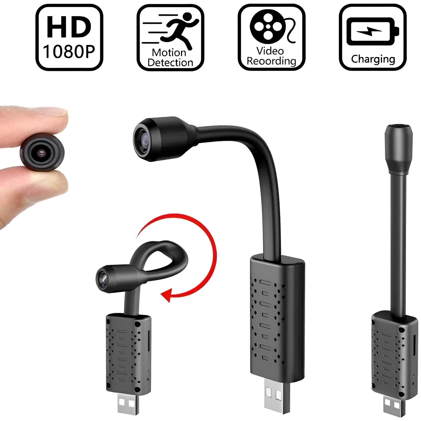 Black V380 wireless USB security camera on a table next to a mobile power bank.