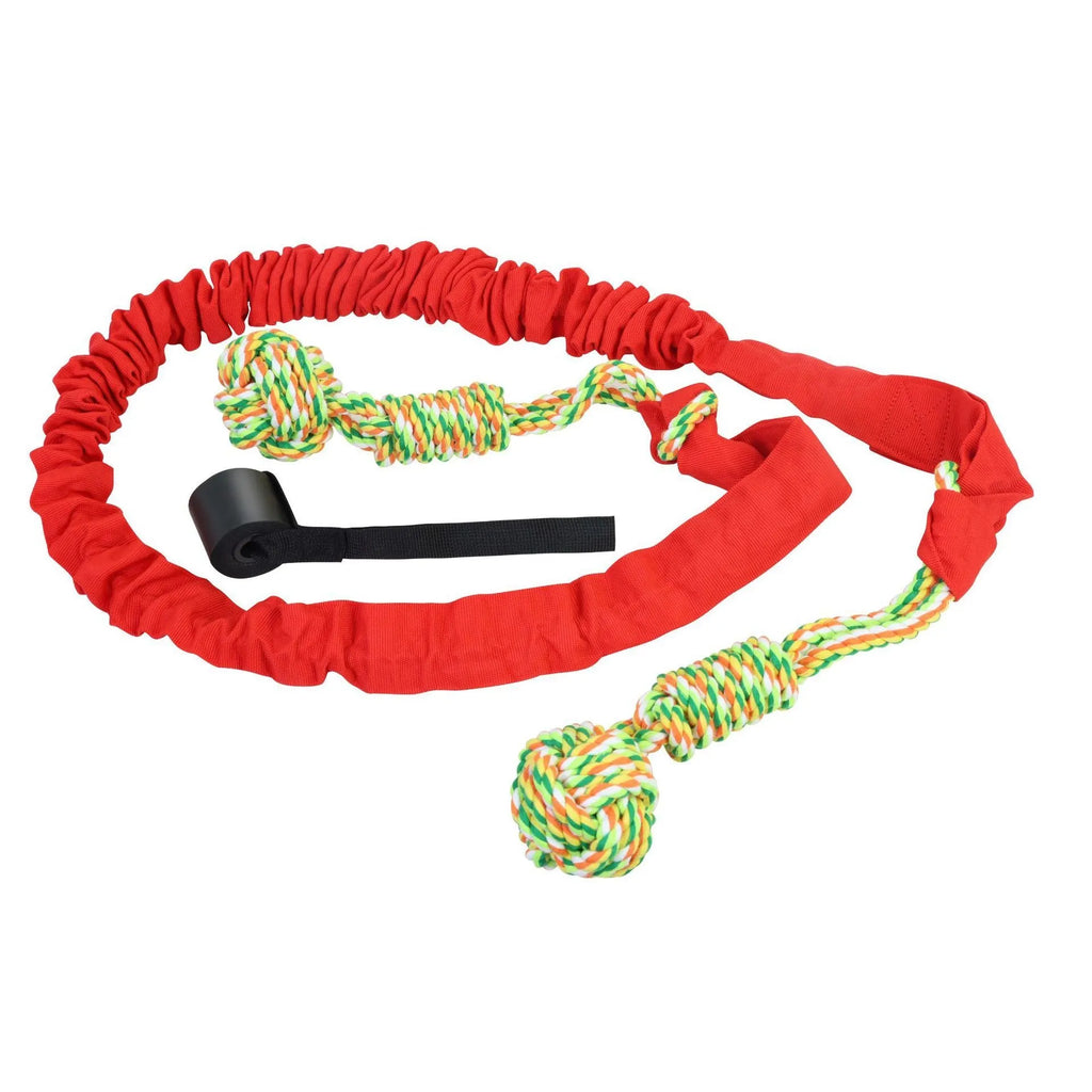 Braided cotton dog tug of war rope toy in red, grey, or black for interactive play and dental care.