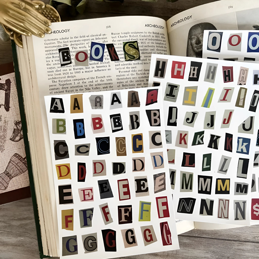 Set of printed vinyl decoration stickers showing English letters A, B, C, D, E and weekly words in a cute style.