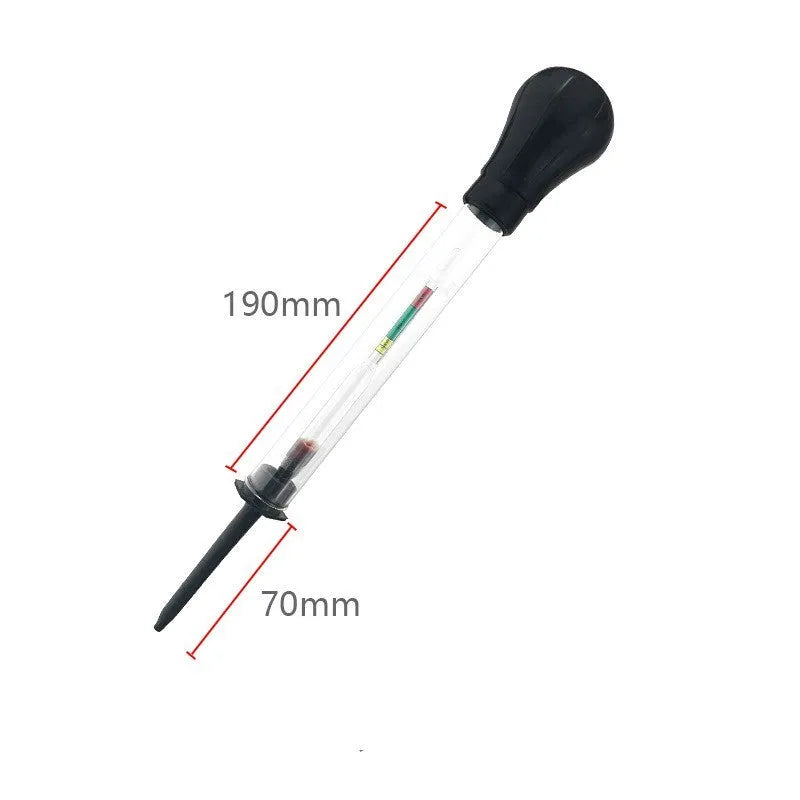Electrohydraulic battery hydrometer with glass construction and suction mechanism for electrolyte testing