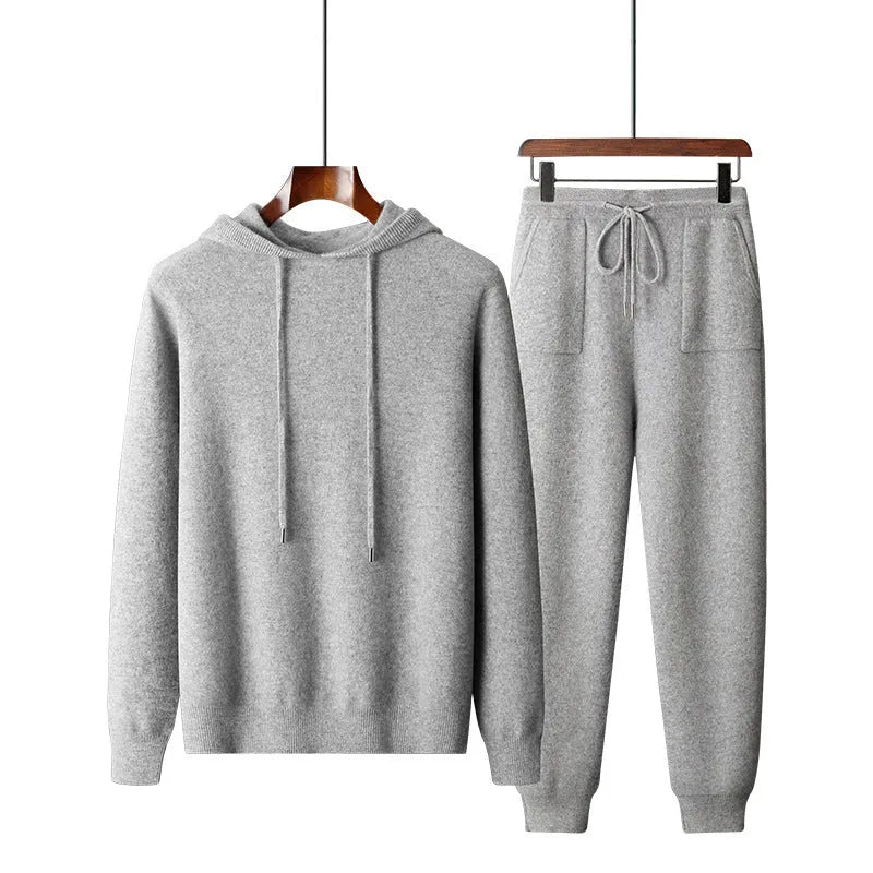 Men's light grey cashmere hooded sweatshirt and matching joggers set for winter casual wear