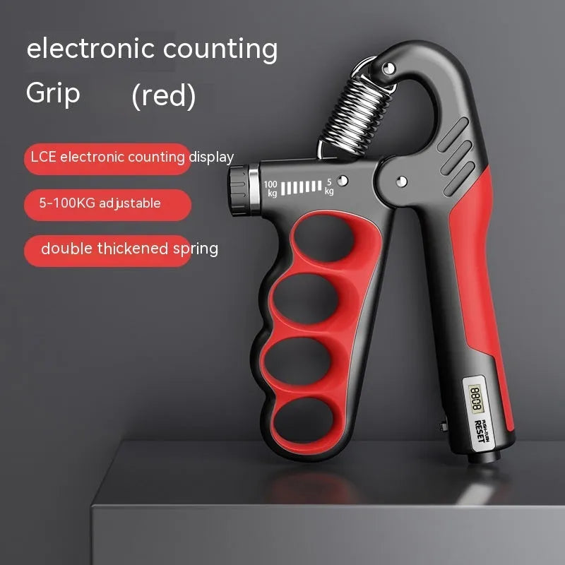 Electronic spring grip with digital counter in orange, red, or grey for fitness training.