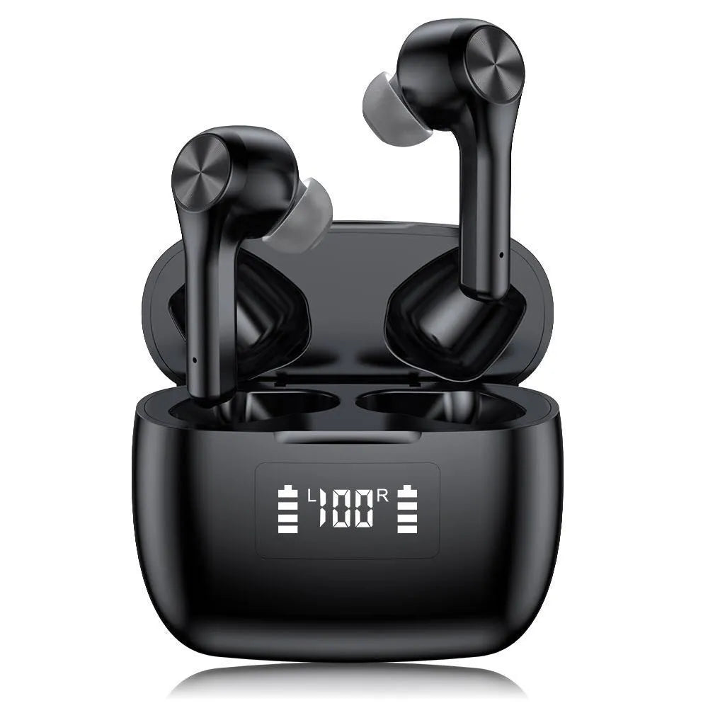 Cool black wireless Bluetooth earphones with touch controls and charging case on a white background.