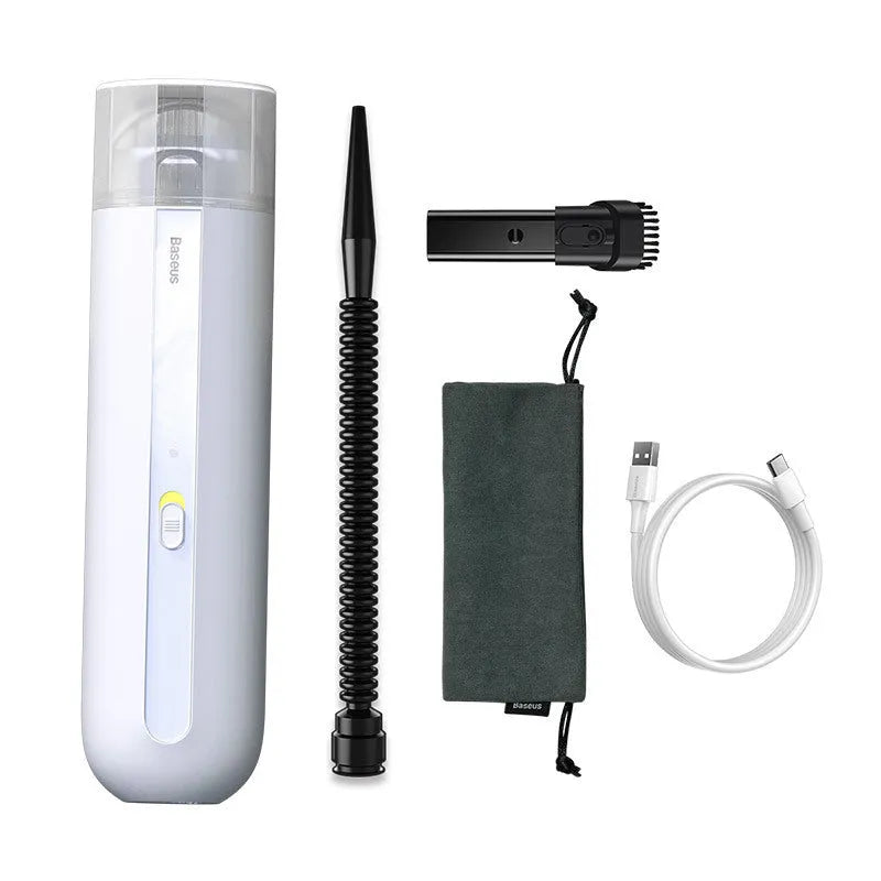 Baseus handheld car vacuum cleaner in black, white, or green, shown with blowing hose attachment.