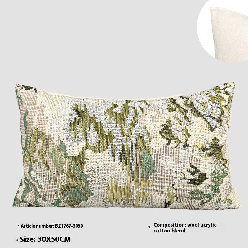 Green wool blended cushion with abstract floral pattern in French antique Chinese style