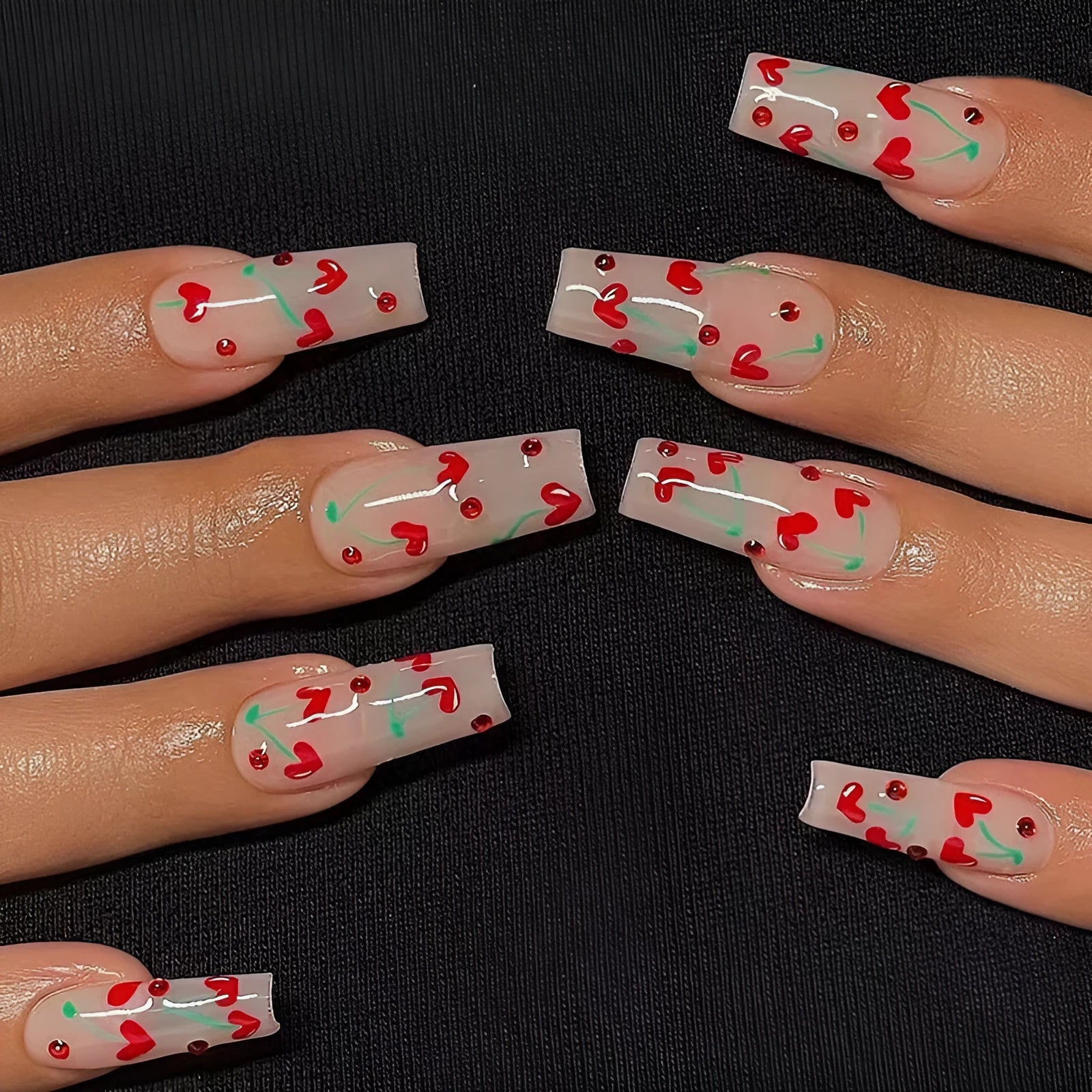 French tip nail art stickers with red diamond and cherry design, 24 self-adhesive pieces with adhesive glue