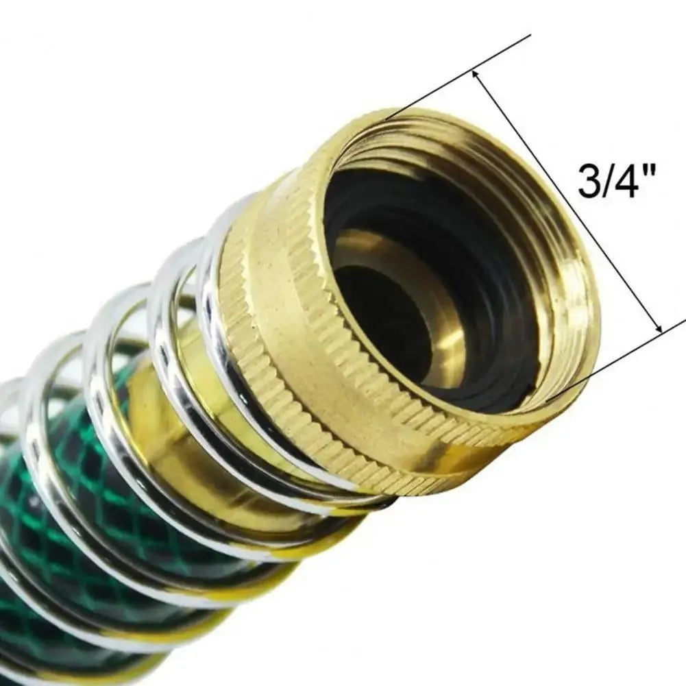 Brass spring hose connector for garden irrigation with 15cm length and threaded connections
