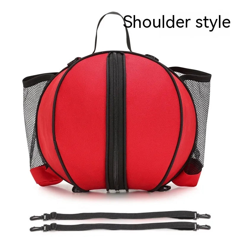 Black Oxford cloth basketball training bag with a single shoulder strap, shown next to a basketball.