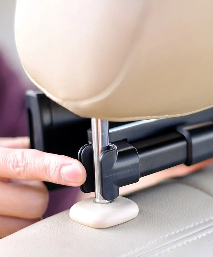 Black universal car phone and tablet holder mounted on a car rear seat base.