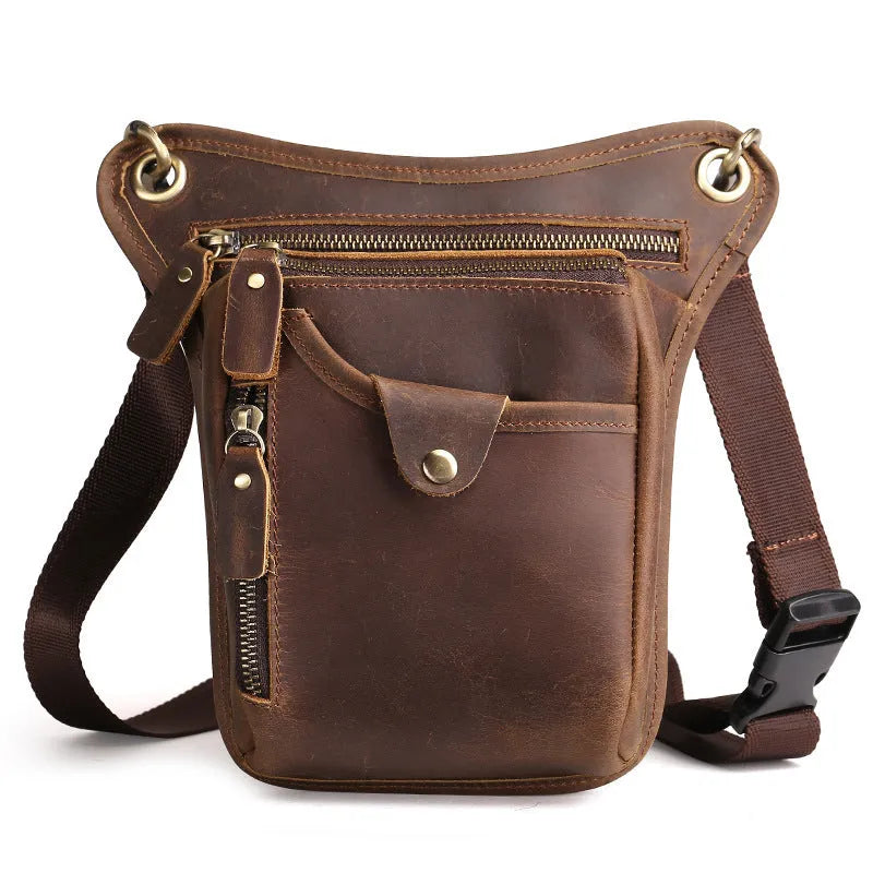 Men's brown crazy horse leather vintage satchel bag with flap closure