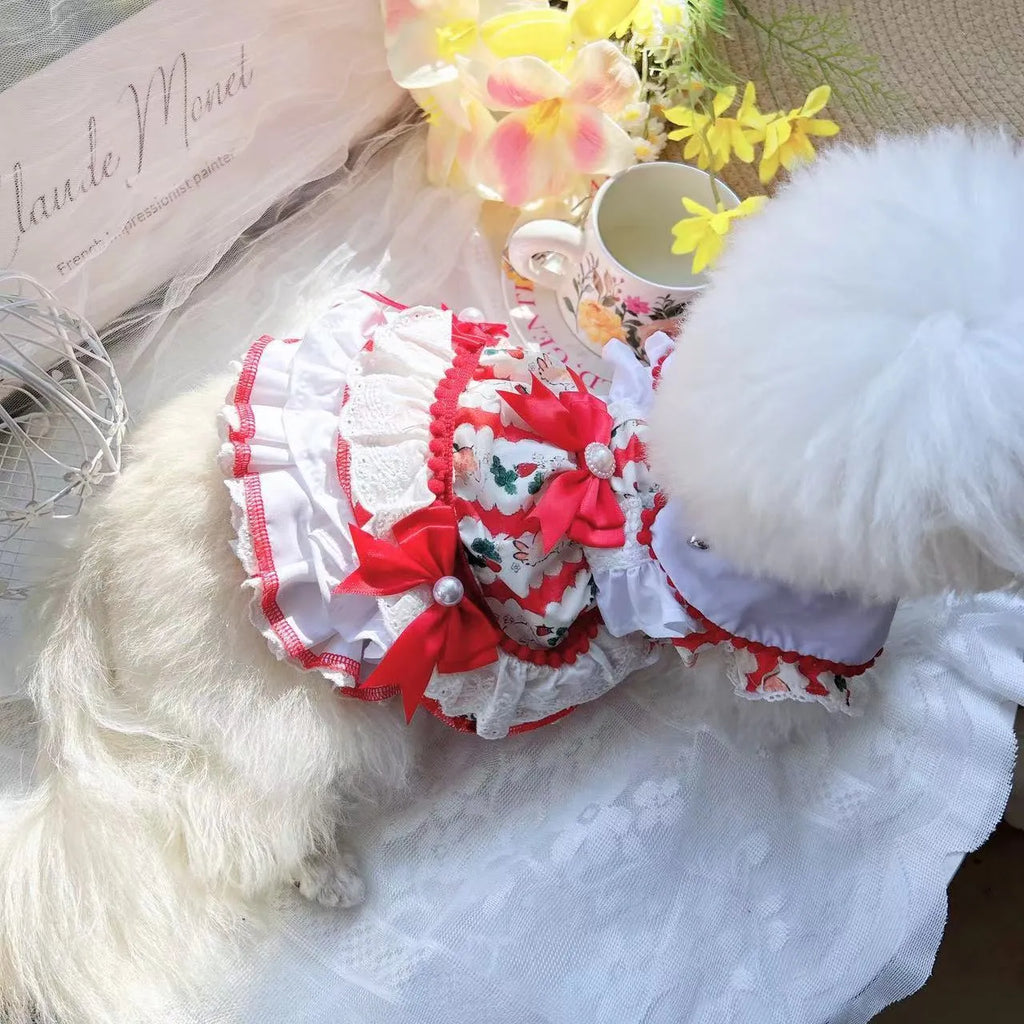 Rabbit skirt princess style dog costume made from polyester fabric on a small dog.