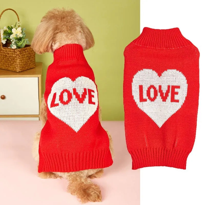 Red love heart design acrylic knit dog sweater for small dogs in size S.