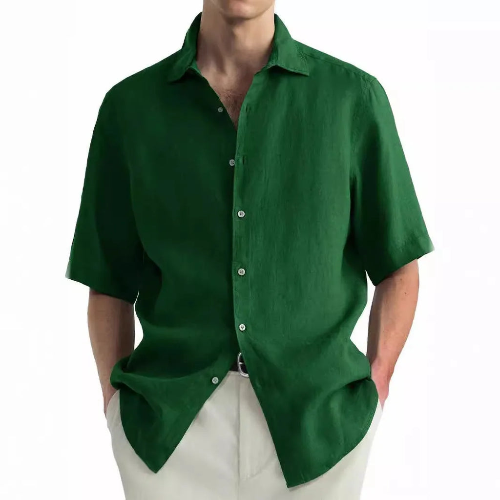 Men's washed cotton casual shirt in green with cardigan styling and regular fit
