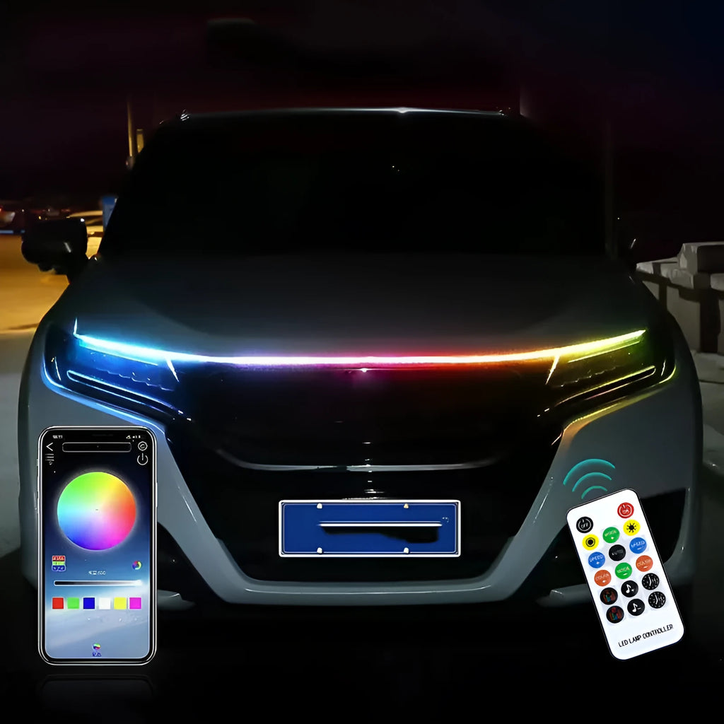 Flexible PVC LED light strip for automotive engine bay, showing white illumination through a car grille.