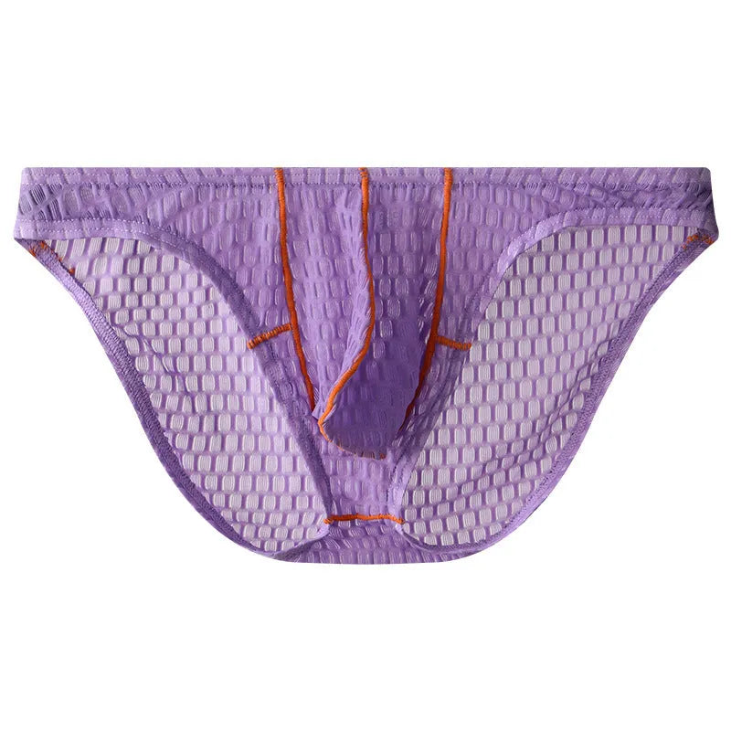 Men's low-waist ice silk lace briefs in white, black, green, red, and purple colours.
