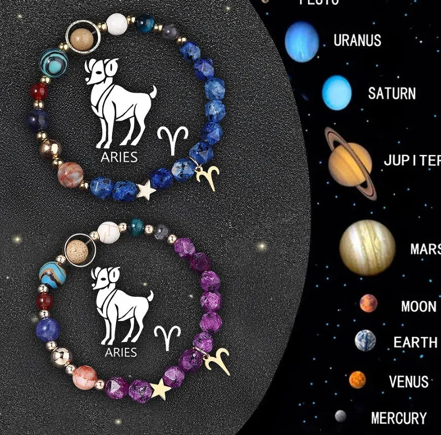 Set of two natural stone beaded bracelets with silver zodiac charms on an adjustable cord.