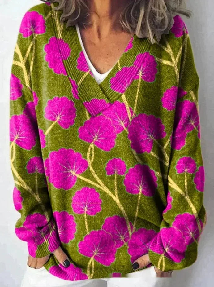 Women's V-neck long sleeve sweatshirt with a raised 3D floral pattern print in art retro style.