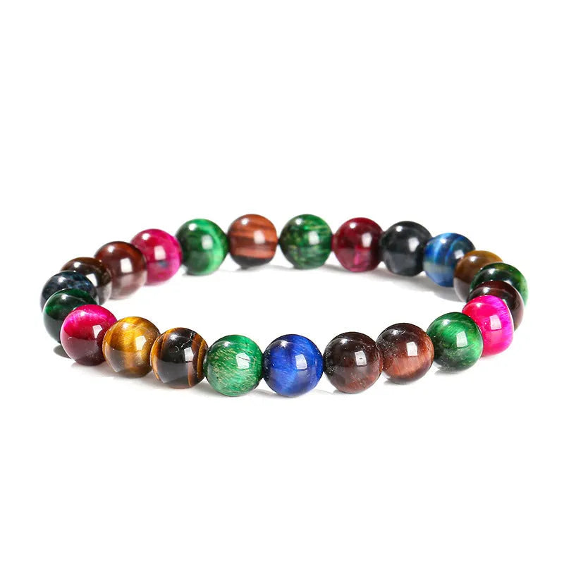 A colourful natural Tiger Eye beaded bracelet showing round beads on a string.