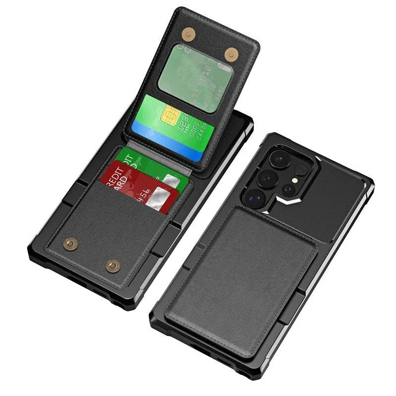 Samsung full cover drop-resistant phone case with card slot and kickstand in black