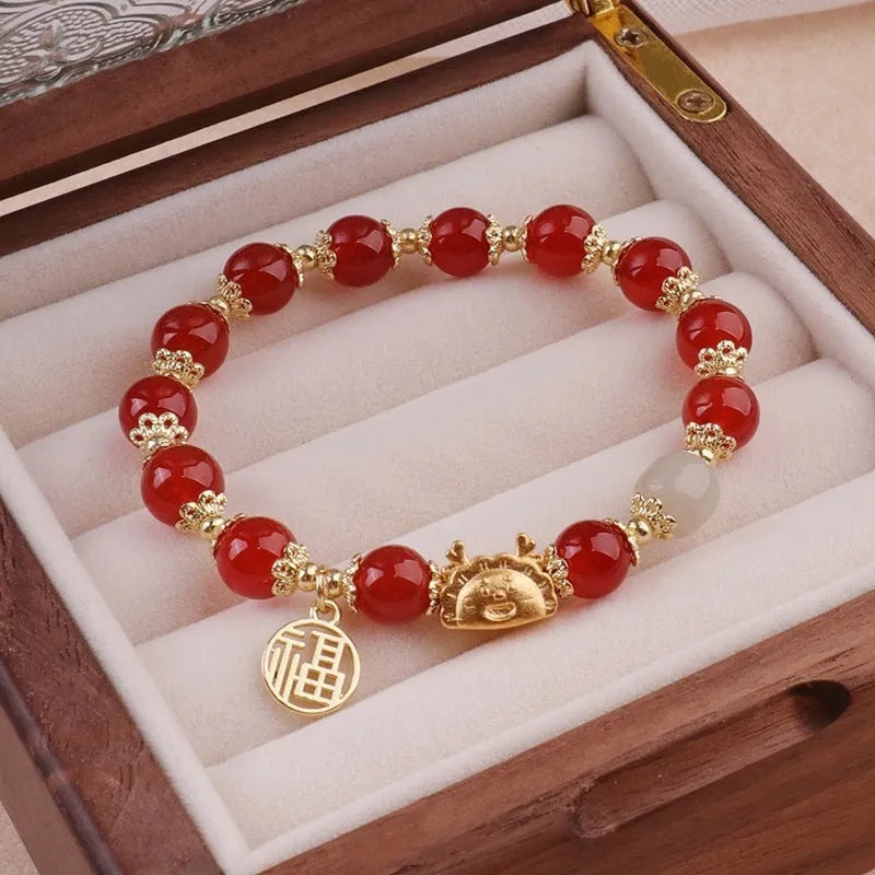 Women's floral glazed bracelet with zodiac animal charms and coloured glass beads