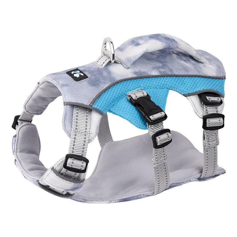 Reflective light blue polyester cooling vest and chest strap harness for a dog on a summer walk.