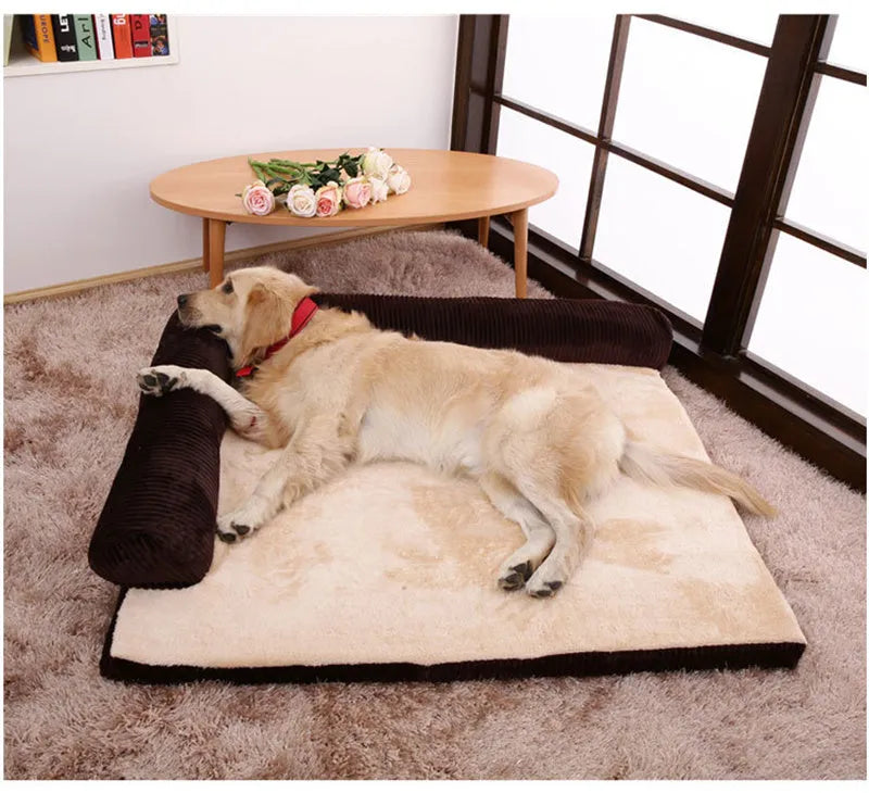 Corduroy pet dog bed sofa in a neutral colour with a raised edge and non-slip base.