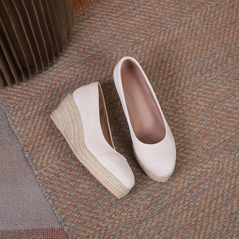 Apricot wedge high heel pumps with thick rope-detailed sole and shallow mouth opening