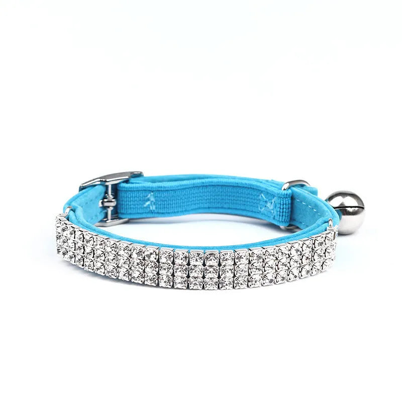 Adjustable suede cat collar with rhinestones in red, blue, purple, black, pink colours.