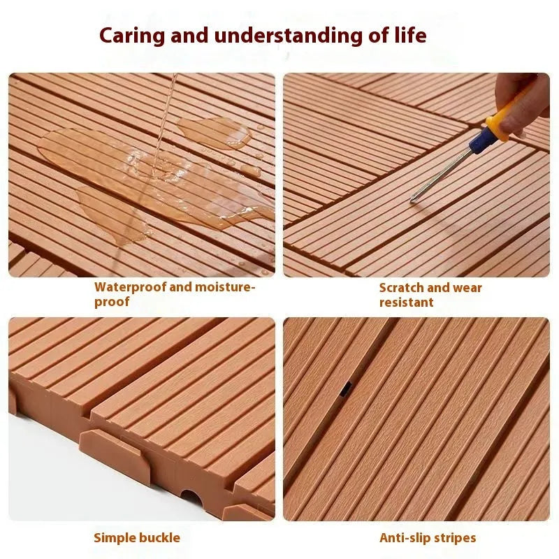Pack of ten wood grain plastic interlocking floor tiles showing splicing edges.
