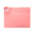 Light blue silicone painting mat with two round bowl compartments, measuring 50 by 40 cm.