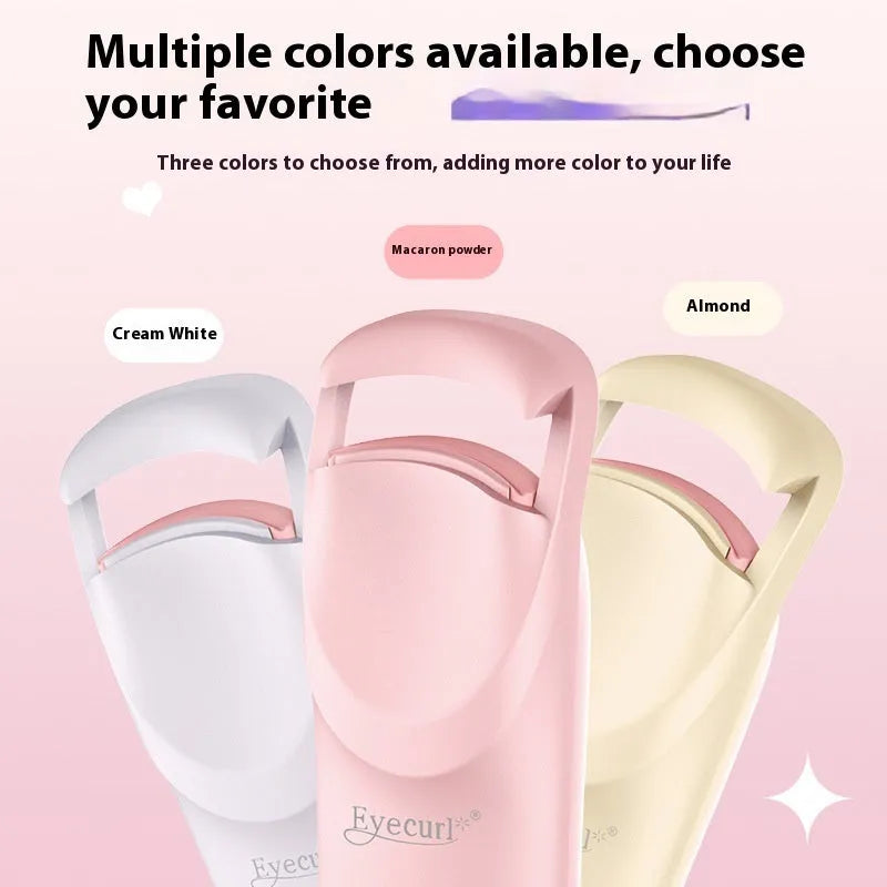 USB rechargeable electric eyelash curler in cream white, maca pink, or vanilla apricot colour with ceramic heating plate.