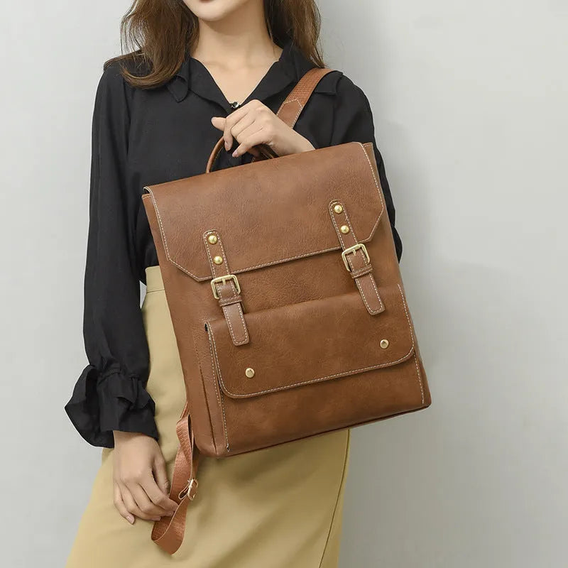 Korean retro style backpack in soft PU leather showing ventilation features and available colour options