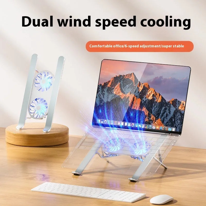 Silver aluminium folding laptop stand with twin cooling fans and adjustable height mechanism