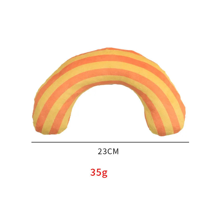 Striped pattern cat pillow measuring 23x20cm with noise toy and catnip elements in green, rainbow, or yellow colours
