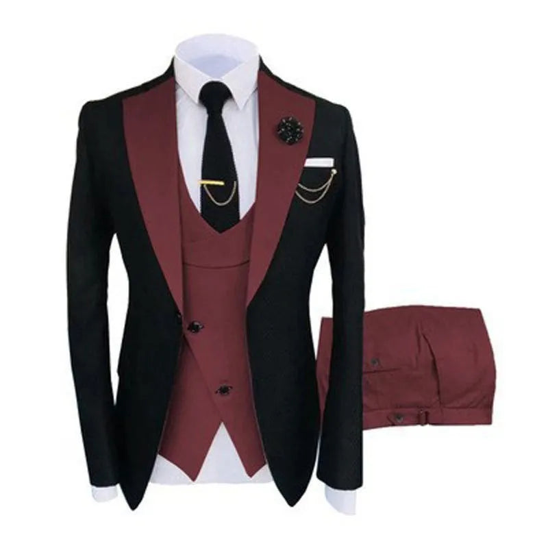 Men's slim fit cotton three-piece suit in a light business style, shown with coat, vest, and trousers.