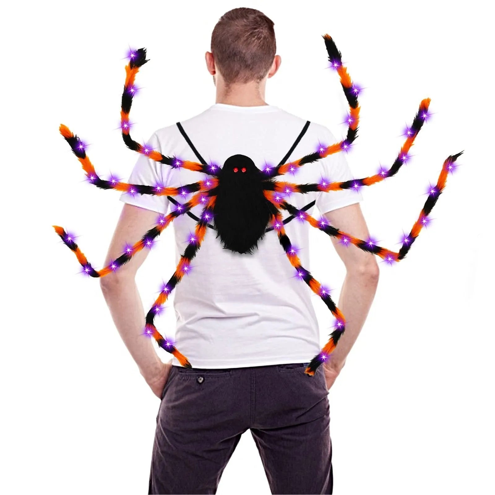 Halloween plush spider backpack with purple LED lights in one of five colour options.