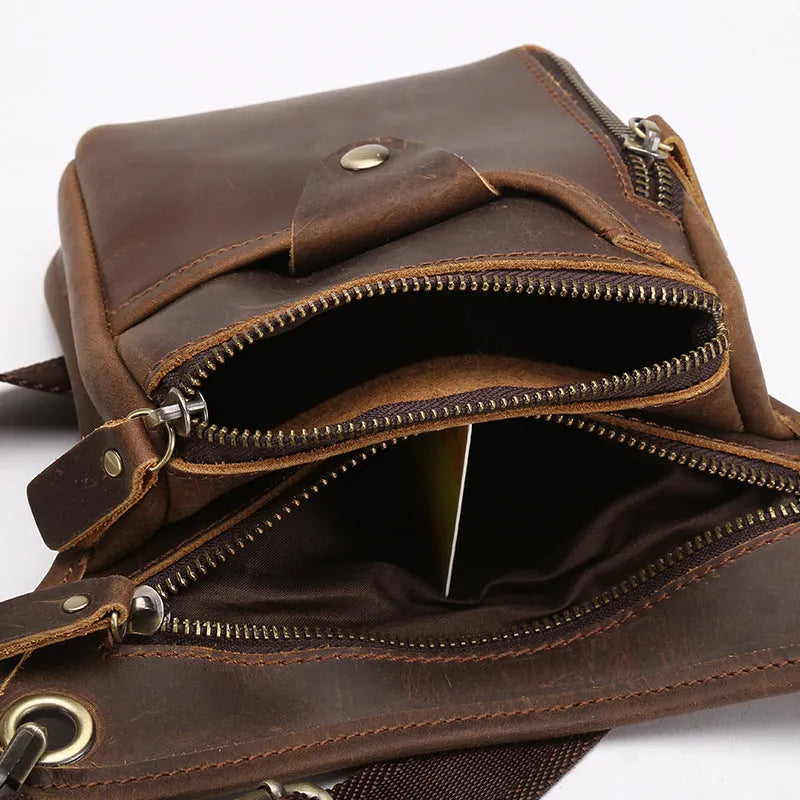 Men's brown crazy horse leather vintage satchel bag with flap closure