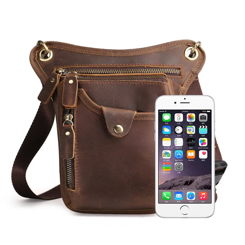 Men's brown crazy horse leather vintage satchel bag with flap closure